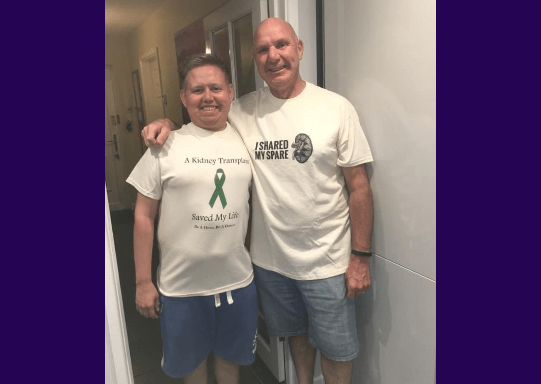 Image of living kidney donor standing alongside his stepson and recipient. Tony has his arm around his stepson. They are both wearing white tops - Tony's says 